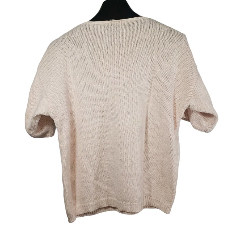 VTG Chain/Waffle Knit Short Sleeve Sweater Pastel Pink Embroidered Rose Floral - Picture 4 of 5